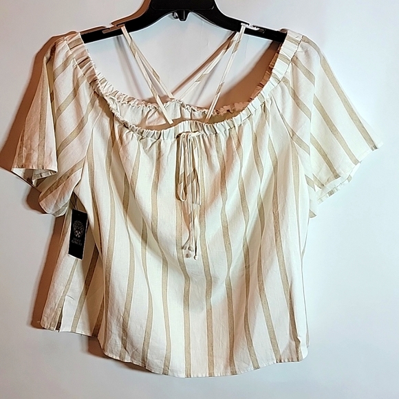 VINCE CAMUTO | Cold Shoulder Taupe Linen Blend Top - Picture 2 of 7
